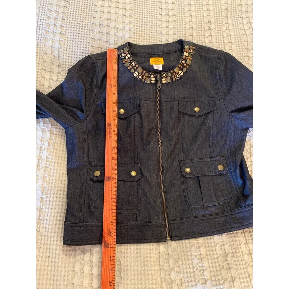 Ruby Rd. Jacket Womens Light Denim‎  Size 14 P Embellished Neckline Zipper Front